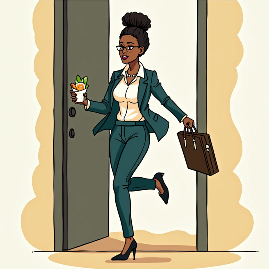 African American Business Woman with Breakfast Sandwich