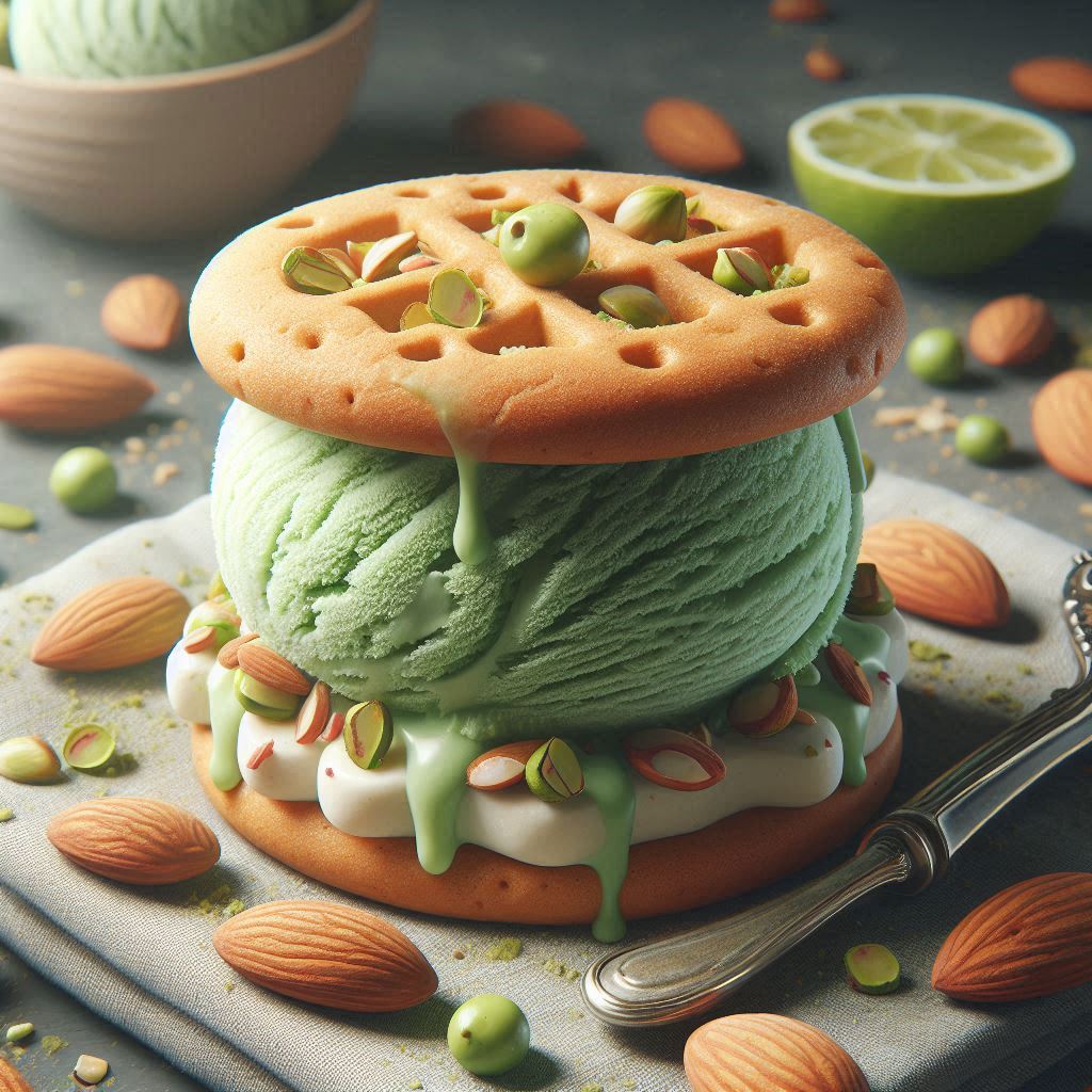 Almond Cookie with Pistachio Ice Cream Sandwich