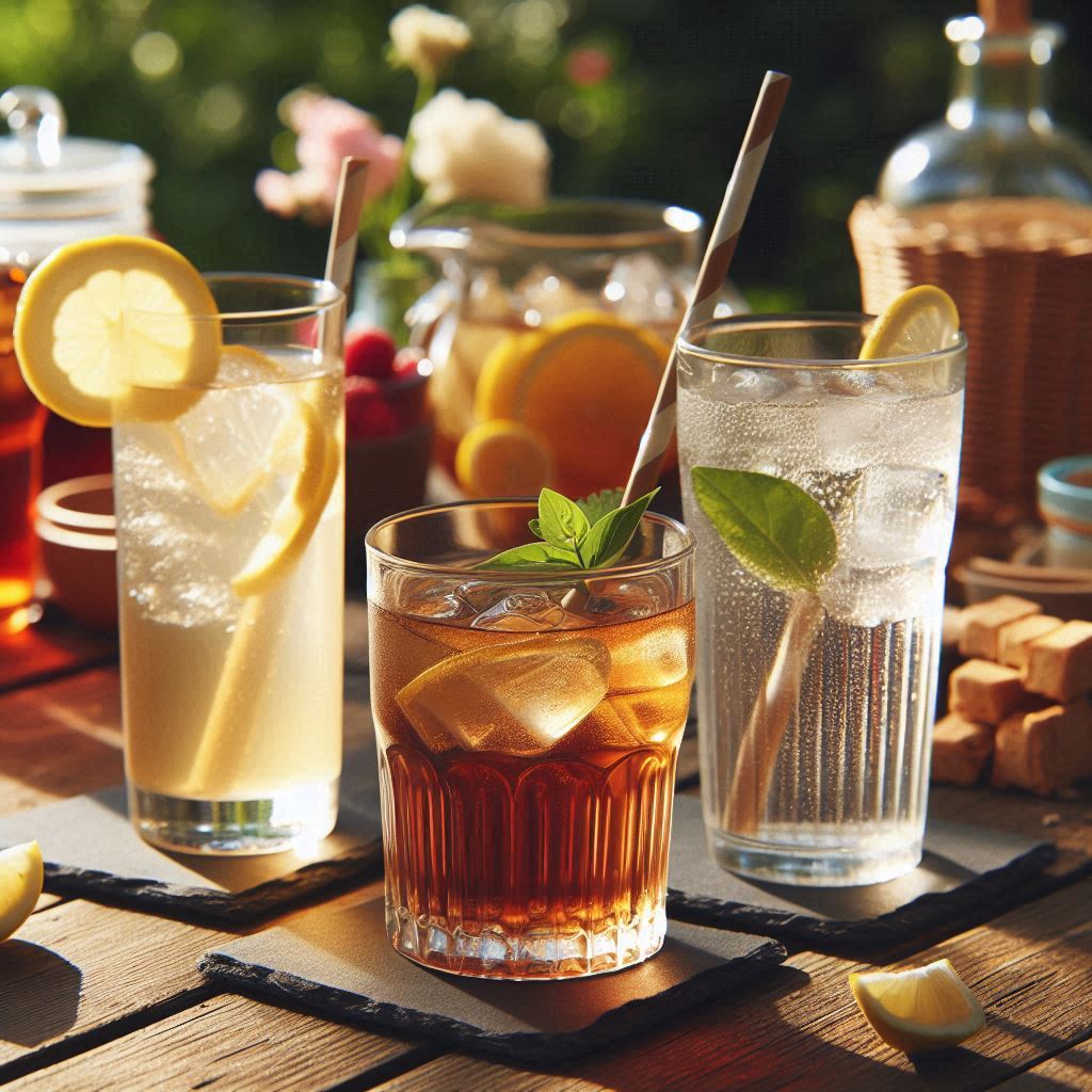 Glasses of Iced Tea Lemonade and Sparkling Water