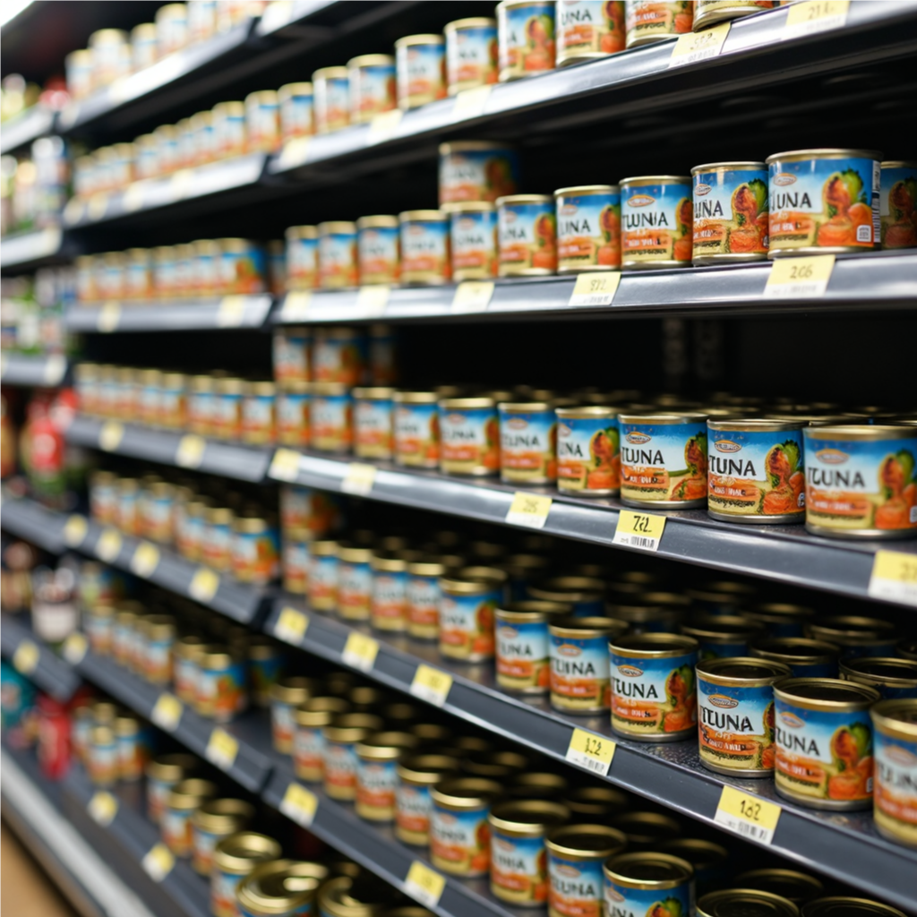 Tuna Cans in Grocery Store